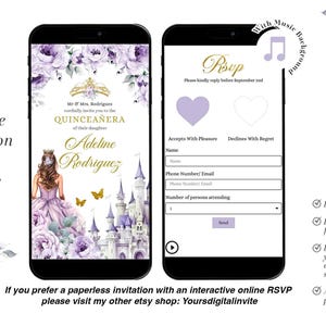 Op de afbeelding: Paarse en gouden Quincea&ntilde;era-uitnodiging met een kasteel- en prinsessenillustratie. De uitnodiging bevat een link naar een online RSVP-formulier met een muziek achtergrond.