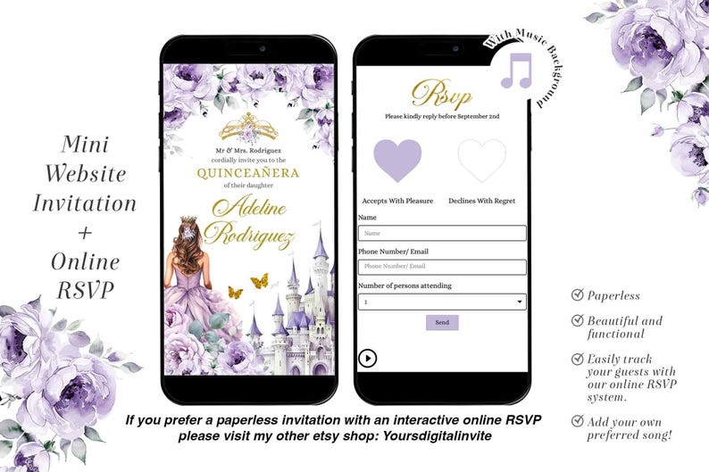 Op de afbeelding: Paarse en gouden Quincea&ntilde;era-uitnodiging met een kasteel- en prinsessenillustratie. De uitnodiging bevat een link naar een online RSVP-formulier met een muziek achtergrond.