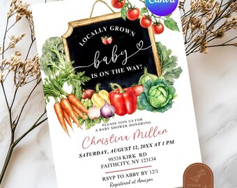 Farmer's Market Baby Shower Invitation, Locally Grown Fruits and Vegetables Baby Shower Invite, Canva Editable Baby Shower Invitation C38