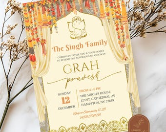 Griha Pravesh Invitation, Indian Vastu Puja Housewarming Invite, Grah Pravesh Hindu Invite, Satyanarayana Pooja, Ganesh Puja Ceremony AC27