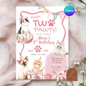 May include: A pink and white invitation with the text "Ready Tw Pawty!" and "Alicia's 2nd Birthday." The invitation features illustrations of four cats wearing party hats. The date is June 12th, from 2 to 4 PM. The invitation is editable in Canva.