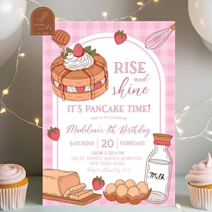 Rose Rise and Shine crêpes fête d'anniversaire, invitation à un brunch d'anniversaire crêpes aux baies, fille d'anniversaire de crêpes et de lait, brunch crêpes C92