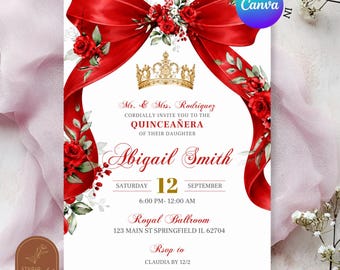 Burgundy Red Bow Coquette Floral Quinceanera Invitation, Gold Crown Sweet 16th Invite, Canva Editable Elegant Mis Quince XV Años C227