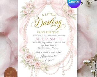 Einladung zur Babyparty „Little Darling“, zartrosa, mit Schleife und Perlen verziert, florale Canva-Vorlage C83