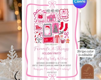 May include: A holiday party invitation card featuring a pink and white striped background with a pink border. The design includes illustrations of Santa, a gingerbread house, gifts, and stockings. Text reads: Favorite Things HOLIDAY PARTY.