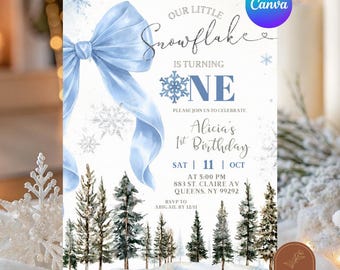 Dusty Blue Whimsical Bow Little Snowflake Birthday Invitation, Christmas Kids Birthday, Christmas Birthday Editable Canva Template C258