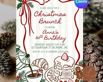 Whimsical Christmas Birthday Brunch Invitation, Sage Green Stripes Adult Birthday Invite, Winter Theme Birthday Editable Canva Template C249