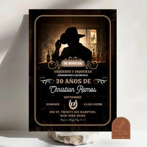 May include: A black and brown cowboy-themed invitation with a silhouette of a cowboy in a hat. The invitation is for a 30th birthday party for Christian Ramos on September 17th at 1:00 PM. The address is 992 St. Trinity Ave Hampton, New York 99393. RSVP to Abigail by 12/2.
