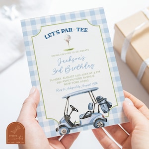 Blue preppy boy's birthday party invitation, blue checkered kid's any age birthday, golf cart outdoor sports birthday par-tee invite C42