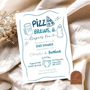 Pizza Brews and Diapers Too Co-Ed Baby Shower Invitation, Blue Hand-Drawn Pizza Pacifier Baby Shower Invite, Pizza and Beer Baby Shower C56