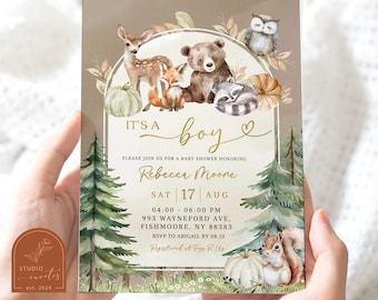 Convite para chá de bebê de animais selvagens da floresta Boho, tema de chá de bebê para menino outono de abóbora, convite para chá de bebê em tom de terra quente de animal da floresta C39