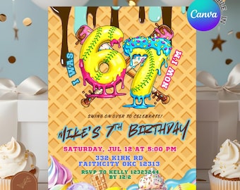Invitación para fiesta de cumpleaños de niño de Softball Drip 67. Tenía 6 años y ahora tengo 7. Invitación editable de Canva para el séptimo cumpleaños de niños (C145)