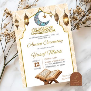 May include: A beige and gold invitation card with a crescent moon and stars design. The text reads "Ameen Ceremony of their beloved son Yusuf Malik" and includes the date "Sunday, 12 March" and the time "From 4-6 PM". The invitation also includes the address "Malik's Residence, 123 St. Cathedral Av, Hampton, NY 23689".