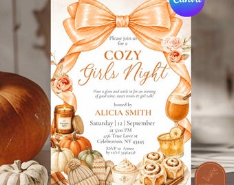 Invitation pour une soirée cocooning automnale entre filles, nœud orange, thème « Citrouille épicée et brioches à la cannelle », modèle Canva modifiable C83