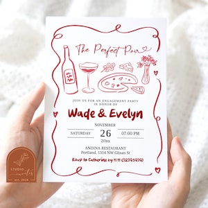 The Perfect Pair Hand Drawn Engagement Invitation, Red Italian Pizza and Wine Engagement Party,  Pizza and Beer Couples Party Invitation C56