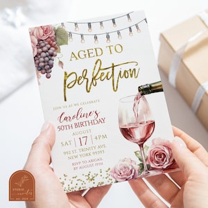 Invito per il 50° compleanno invecchiato alla perfezione, festa di compleanno per adulti di qualsiasi età, invito di compleanno per vino raffinato, invito floreale per cantina vinicola C53