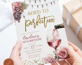 Invitation pour un 50e anniversaire sur le thème du vin, thème vin pour adultes de tous âges, invitation raffinée comme un bon vin, invitation champêtre fleurie C53