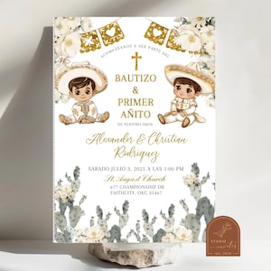 Invito per battesimo e primo compleanno di gemelli, cactus charro messicano, battesimo e primo compleanno in oro e bianco C125