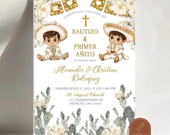 May include: A white invitation with gold accents for a twin baptism and first birthday party. The invitation features two illustrations of boys dressed in traditional Mexican attire, with the text "Bautizo & Primer Añito" and the names "Alexander & Christian Rodriguez". The invitation also includes the date and time of the event, the church name and address, and the text "Acompañanos a ser parte del".