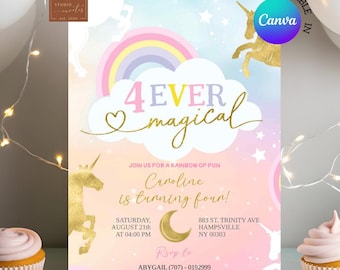 Modern magical unicorn 4th birthday invitation, pastel colorful 4 ever magical party, cloud and rainbow four is magical birthday invite C48