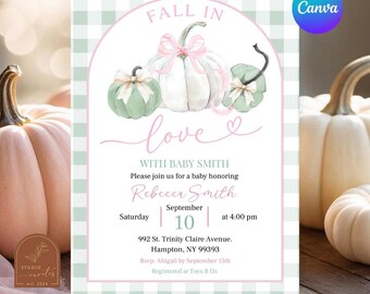 Falling in Love Baby Shower Fall Invitation, Preppy Pink and Sage Green Gingham Baby Shower, Autumn Gender Neutral Pumpkin Baby Shower C52