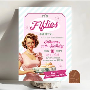 Pink Retro Fifties Party Invitation, Vintage 50s Pin Up Girls Adult Birthday Invitation, Any Age Groovy 1950s American Birthday Party R1