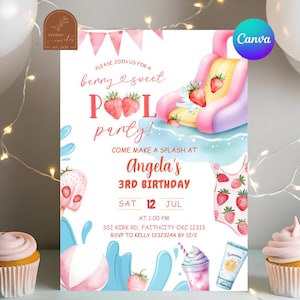 Peut inclure: Une invitation colorée pour une fête à la piscine sur le thème des fraises. L'invitation comprend le texte "benny & sweet pool party!" et "3e anniversaire d'Angela". Le design présente un toboggan aquatique, des fraises et un maillot de bain.