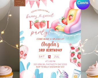 Invitación de cumpleaños con fresas en la piscina, invitación de cumpleaños con bayas dulces en la piscina, tobogán acuático editable en Canva para niños, fiesta de cumpleaños AC47