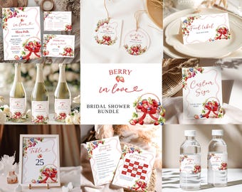 Red Bow Coquette Berries Bridal Shower Bundle, Berry in Love Bridal Shower Bundle Set, Canva Preppy Red Bride-to-Be Summer Wedding Shower C8