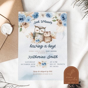Boho Blue Floral Owl Baby Shower Invitation, Woodland Sleeping Owl Baby Shower, Look Whooos Baby Having A Boy, Forest Animal Baby Shower WZ5