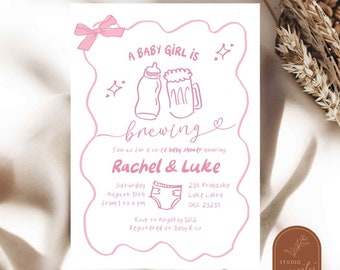 May include: Pink baby shower invitation with a drawing of a baby bottle and a beer mug with the text "A baby girl is brewing". The invitation is for Rachel & Luke and includes the date, time, and location of the shower.