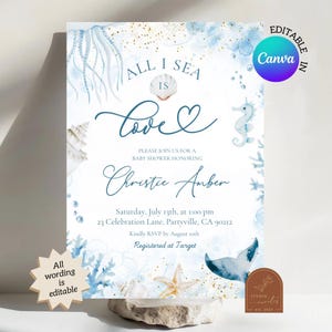 All I Sea is Love Bridal Shower Invitation, Blue Ocean Bachelorette Shower,  Nautical Bride To Be Invitation, Canva Editable Template, C128