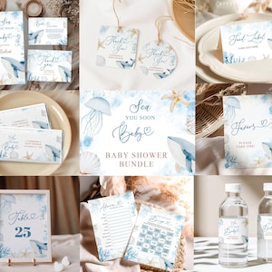 May include: A collection of baby shower stationery with a sea theme. The designs feature watercolor illustrations of whales, jellyfish, and seashells in shades of blue and beige. Includes invitations, favor tags, and table cards. The text "Sea You Soon Baby" is visible.