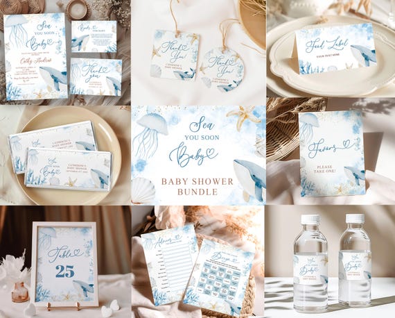 Blue Sea You Soon Baby Shower Invitation Full Bundle, Under The Sea Babys Shower Bundle Set, Blue Coastal Beach Coral Baby Shower Set, C128