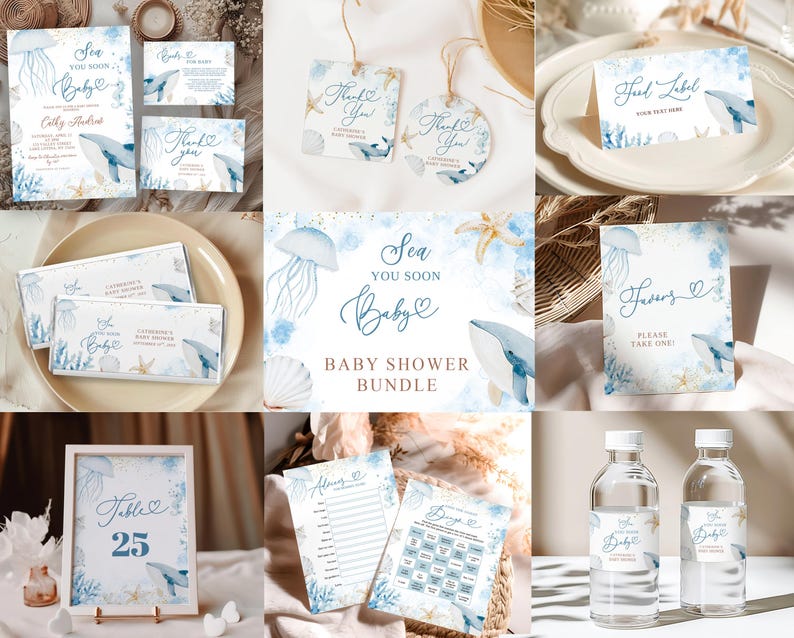 May include: A collection of baby shower stationery with a sea theme. The designs feature watercolor illustrations of whales, jellyfish, and seashells in shades of blue and beige. Includes invitations, favor tags, and table cards. The text "Sea You Soon Baby" is visible.