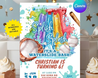 Baseball Waterslide Pool Party Birthday Invitation, Summer Splish Splash Pool Party Birthday Invitation, Canva Editable Template, C133