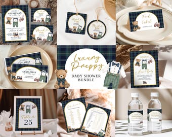 Preppy A Little Gentleman Is On The Way Baby Shower Bundle, Teddy Bear Boy Baby Shower Bundle, Canva Editable Plaid Baby Shower Bundle C202
