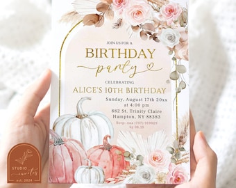 Convite de festa de aniversário de abóbora com arco Boho, aniversário de outono de abóbora rosa branca, convite de aniversário de outono floral rosa boho em tom quente C54