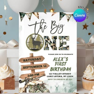 The Big One Hunting Camo 1st Birthday Invitation, Adventure Camo Boy Birthday Invite, Canva Editable Deer Hunting Theme Kids Birthday C138