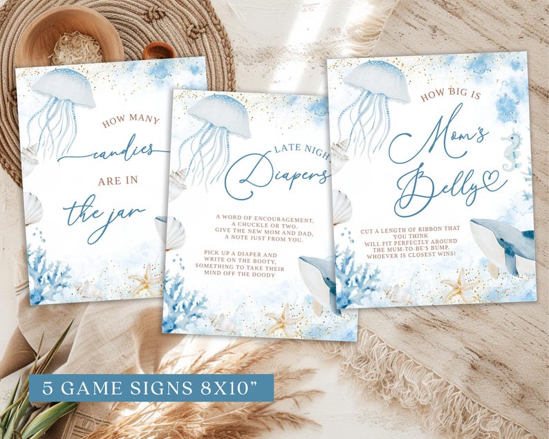 May include: Set of five baby shower game signs, each 8x10 inches, featuring a watercolor ocean theme. Designs include jellyfish, seashells, and whales, with phrases like "How Many Candies Are in the Jar?" and "How Big is Mom's Belly?"