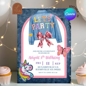 May include: A denim-themed birthday party invitation with a blue jean jacket graphic that says "LET'S PARTY". The invitation includes a pink bow, butterfly, and unicorn patch. The text reads "Abigail's 8th Birthday".