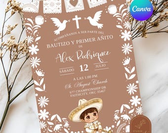 Invitación de bautismo y primer cumpleaños para niño Cielito Lindo marrón, invitación de primer cumpleaños para niño charro, Canva español Bautizo y Primer Anito C188