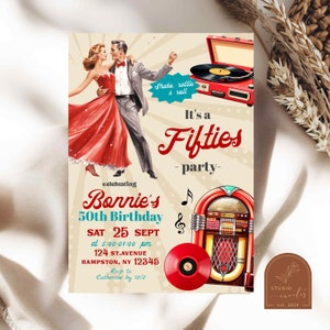 Retro Dance Fünfziger Jahre Party Einladung, Shake Rattle & Roll On 50er Geburtstagsparty Einladung Vintage 50er Jahre Geburtstagseinladung für Erwachsene R1