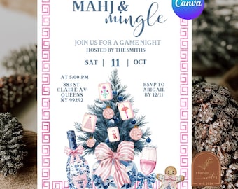 May include: A rectangular invitation card with a pink Greek key border. The text reads MAHJ & MINGLE, JOIN US FOR A GAME NIGHT, HOSTED BY THE SMITHS, SAT 11 OCT, AT 5:00 PM, 883 ST. CLAIRE AV QUEENS NY 99292, RSVP TO ABIGAIL BY 12/11. Features a tree illustration.