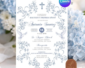 Faire-part pour baptême et 1er anniversaire en toile bleue, apprêt Anito Invitacion Bautizo Y espagnol, baptême floral modifiable Canva C232