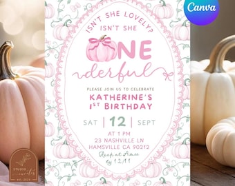 May include: A white invitation card featuring a pink pumpkin illustration, a lace-style oval border, and text reading: ISN'T SHE LOVELY? ISN'T SHE ONE-DERFUL, PLEASE JOIN US TO CELEBRATE KATHERINE'S 1ST BIRTHDAY, SAT 12 SEPT AT 1 PM, 23 NASHVILLE LN.