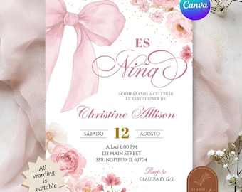 Blush Pink Bow Coquette Spanish Baby Shower Invitation, Es Nina Spanish Baby Shower Invite, Canva Editable Floral Blossom Baby Shower A18