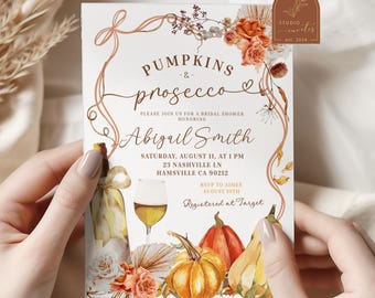 Boho Teracotta Pumpkin and Prosecco Bridal Shower Invitation, Fall in Love Bridal Shower Invite, Canva Editable Floral Bridal Shower C164