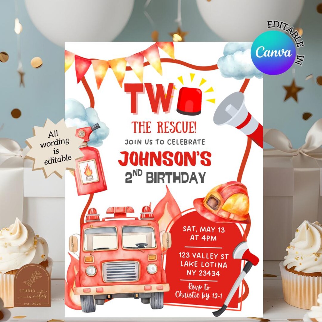 Fire Rescue Invitations Firetruck Two the Rescue Kid's 2nd Birthday Invitation, Firefighter Boy ...