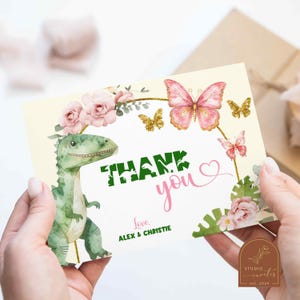Carte de remerciement d'anniversaire de frères et sœurs papillons et dinosaures, carte de remerciement d'anniversaire commun fée Dino floral et papillon, C58